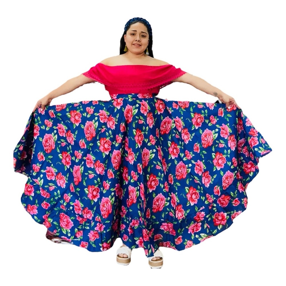 Mexican Folklorico Royal Blue Floral Un Vuelo Skirt